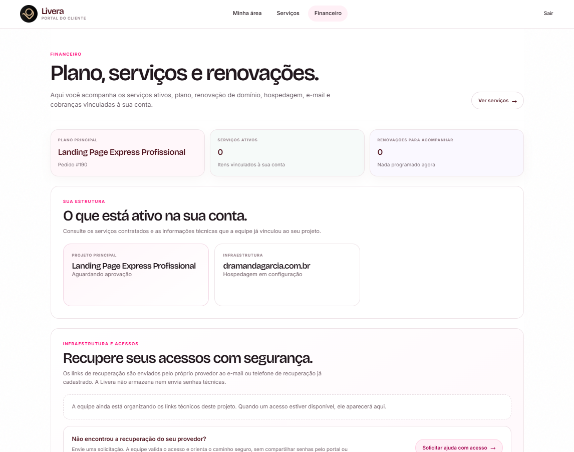 Tela financeira e de renovações do Portal da Livera